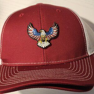 American Bald Eagle Flag Patch Cardinal Red/White Mesh Snapback Trucker Hat